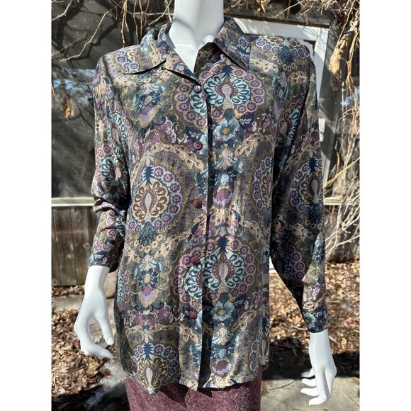90s Emblem 100% Silk Shirt Button Up Mixed Print Sz M - Picture 1 of 11